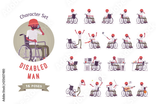 Male black young wheelchair user ready-to-use character set