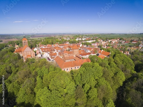 Aerial view of medieval Reszel town - small town of Warmia region, with a long history, many historical monuments and various tourist attractions, Poland