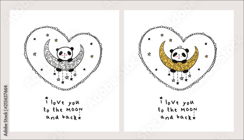 Fototapeta Naklejka Na Ścianę i Meble -  Set of Greeting cards with cute pandas on the gold moon and hearts for Valentine's Day, Mother's Day, Father's Day, birthday, wedding. Vector illustration.