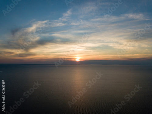 drone image. aerial view of sunrise over the islands in Baltic sea, Hiiumaa, Estonia