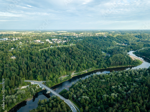 drone image. aerial view of forests and river Gauja in the middle in summer day. Latvia, Sigulda municipality © Martins Vanags