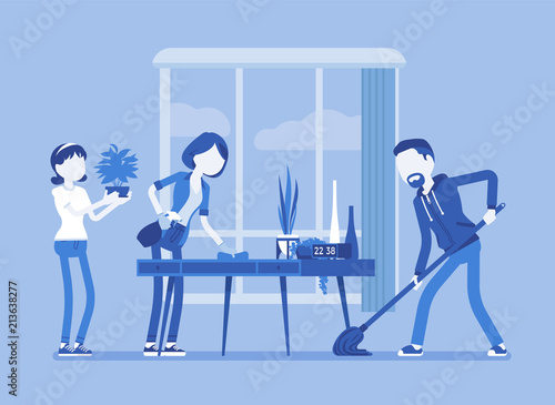 Family cleaning the house