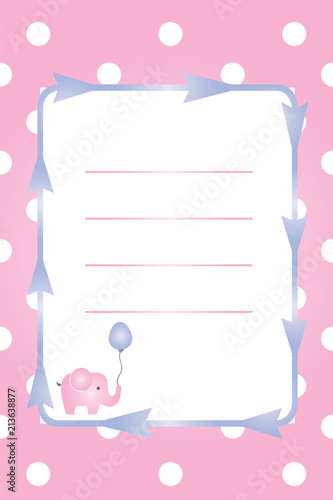 baby girl card - baby shower - party invitation - christening invitation with pink elephant