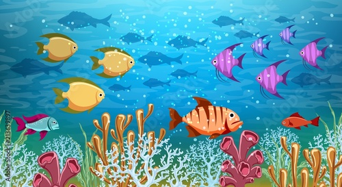Underwater panorama. Sea under water life, cartoon ocean swimming fish, deep corals reef and sand panoramic vector illustration background