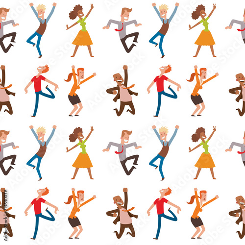 People jumping in celebration party vector happy man jump celebration joy character. Cheerful woman active happiness expression many joyful friends seamless pattern background.