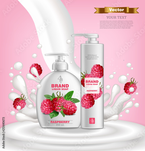Raspberry cosmetics set Vector realistic. Liquid soap collection. Product packaging mock up. Label design bottles milk splash background 3d illustrations