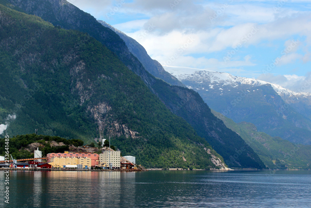 View of the Odda town in Hordaland county, Norway. Boliden zinc smelter plant, established in 1920s.