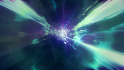 3D rendering the flight to another dimension through a wormhole in time and space. Bright, high-energy and high-tech tunnel