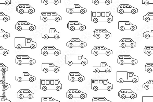 Seamless pattern with Cars and trucks in Line. isolated on white background