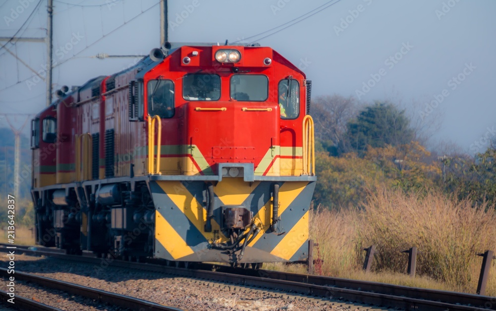 Obraz premium Red Diesel Electric Locomotive on a sunny day