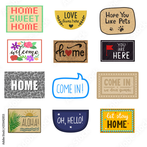 Home mat vector welcome doormat of front house entrance and doorway matting rug for visitors illustration household set of homecoming enter decoration isolated on white background