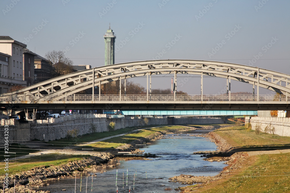 Obraz premium Milos Sykora bridge over Ostravice river in Ostrava. Czech Republic