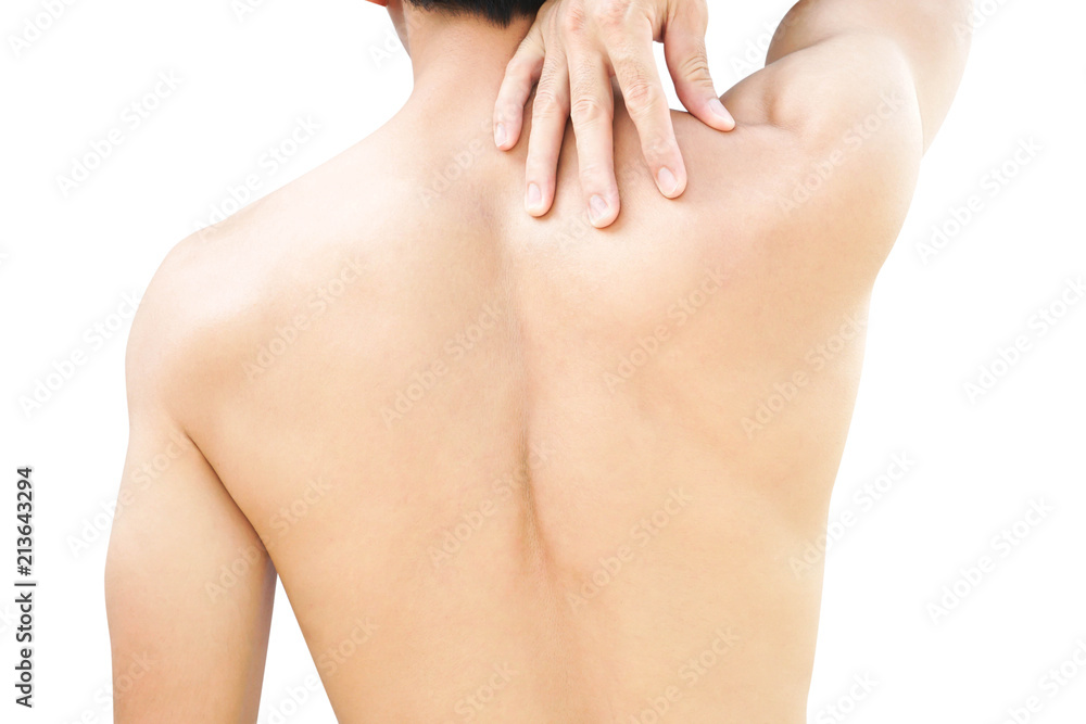 Fototapeta premium Closeup man hand holding neck or shoulder with pain on white background
