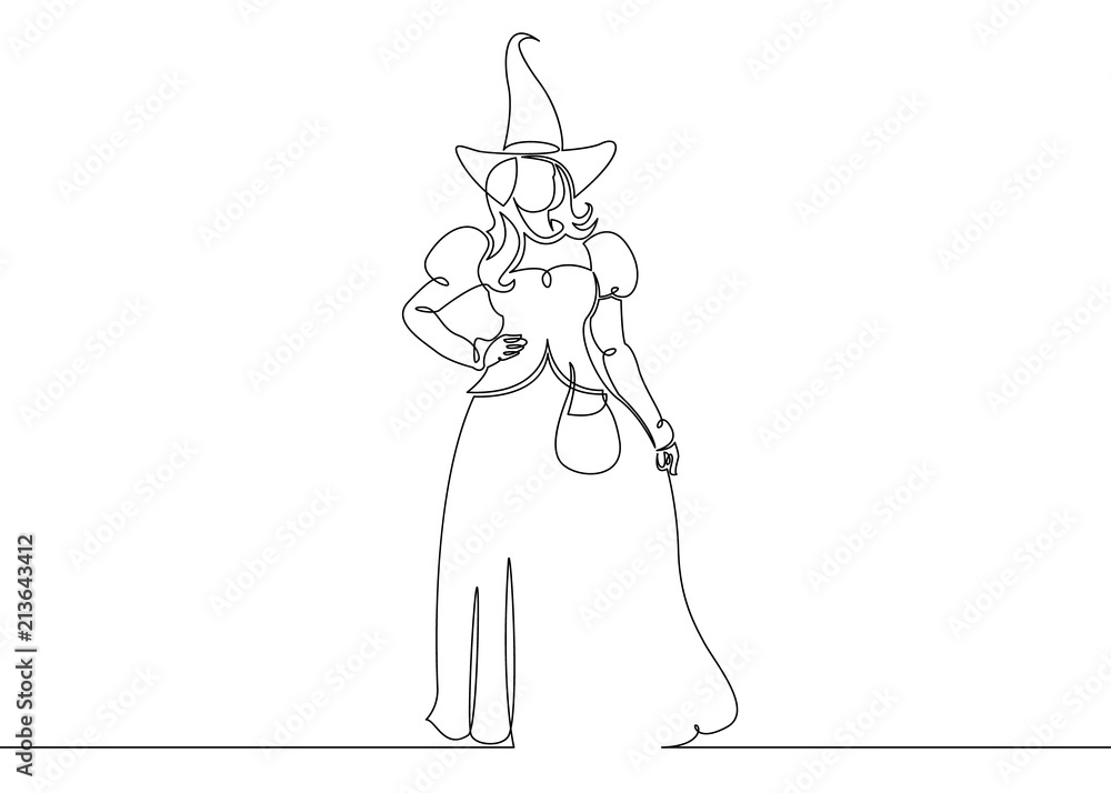 One continuous drawn single line of a witch halloween