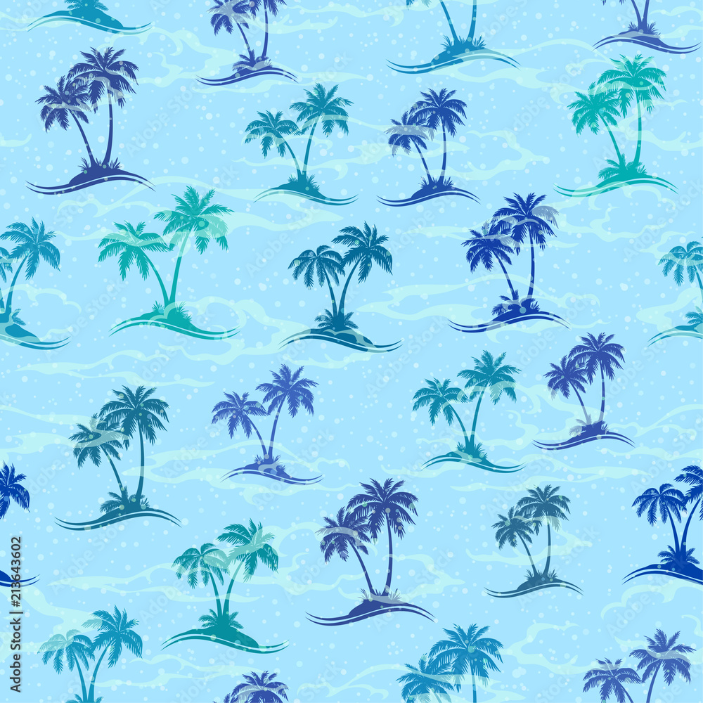 Fototapeta premium Exotic Seamless Pattern, Tropical Landscape, Sea Islands with Palms Trees Green and Turquoise Silhouettes on Blue Tile Background. Vector