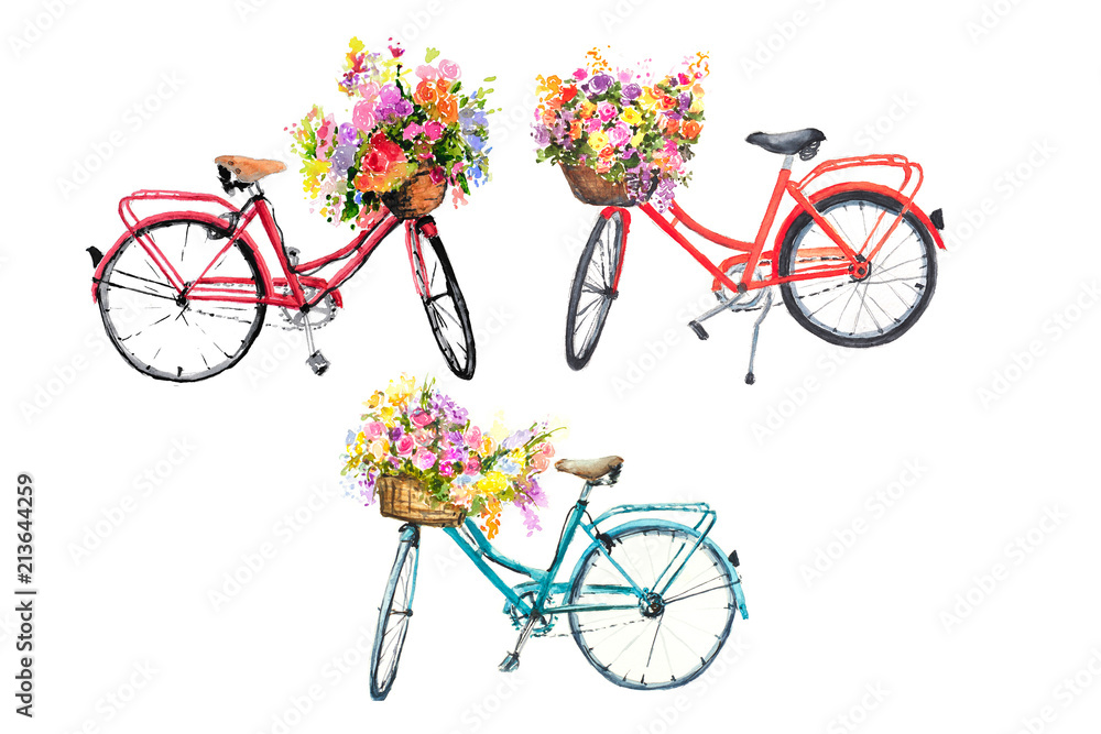 Set of watercolor bicycles with flowers in basket, watercolor illustrator, hand painted, bike art