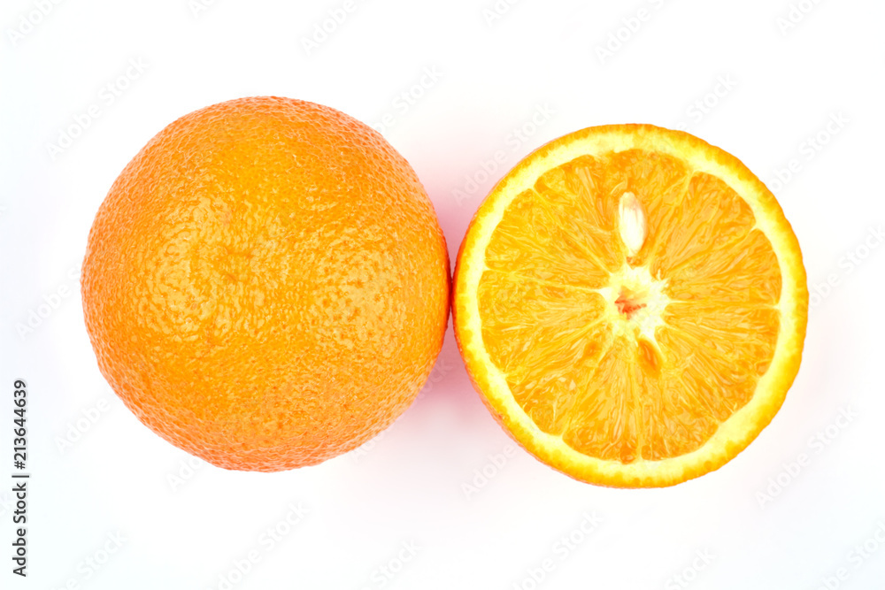 Fresh whole and sliced orange fruit. Juicy orange fruit on light background close up. Delicious tropical fruit. Fresh whole and sliced orange fruit. Juicy orange fruit on light background close up. Delicious tropical fruit.