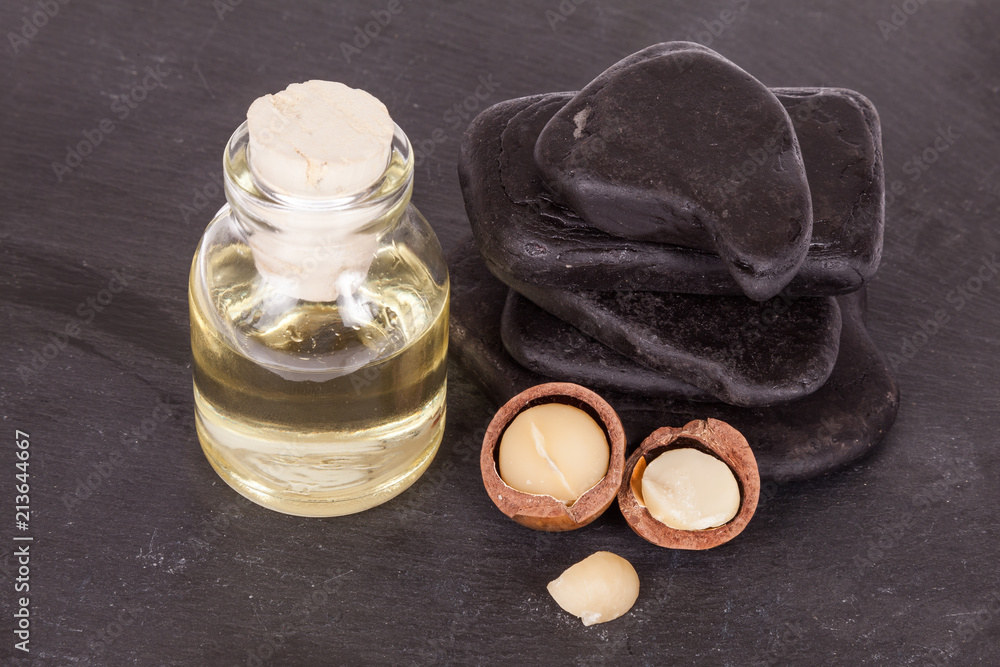 Macadamia nuts oil or Australian walnuts on white background Macadamia nuts oil or Australian walnuts on white background