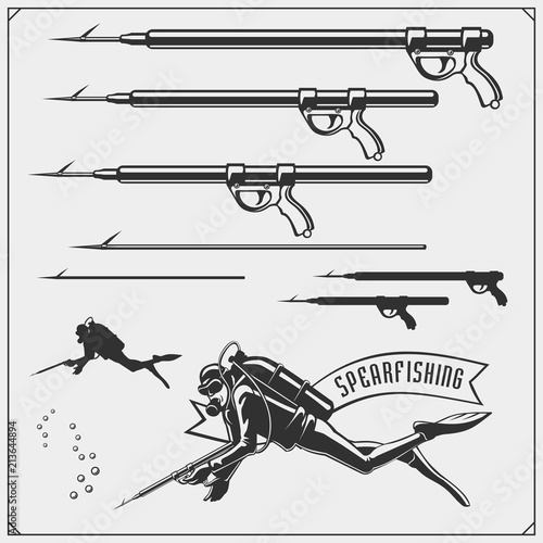 Scuba diving set. Underwater swimming and spearfishing emblems and design elements.