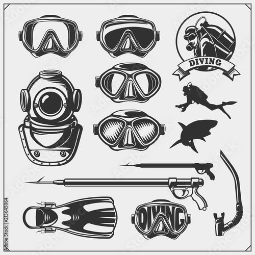 Set of Scuba diving emblems. Underwater swimming and spearfishing labels, logos and design elements.