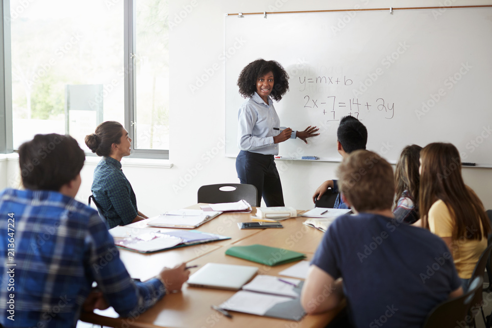 Female High School Tutor At Whiteboard Teaching Maths Class Female High School Tutor At Whiteboard Teaching Maths Class