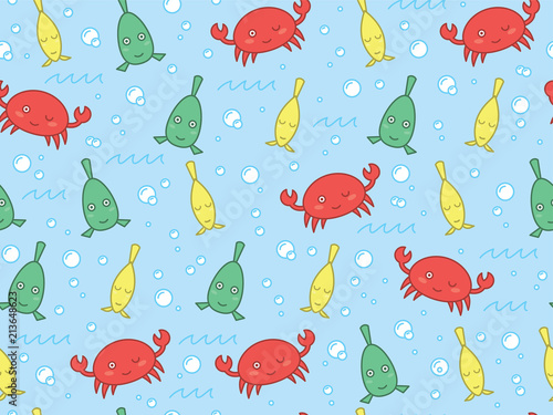 Marine Themed Childrens Pattern With Color Crab And Fish. Summer Background.