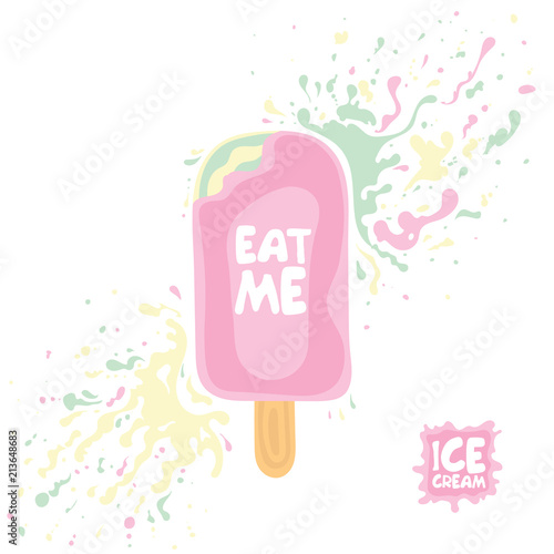 Pink Color Striped Ice Cream On Stick. Text: Eat Me. Colorful Splash Spot.