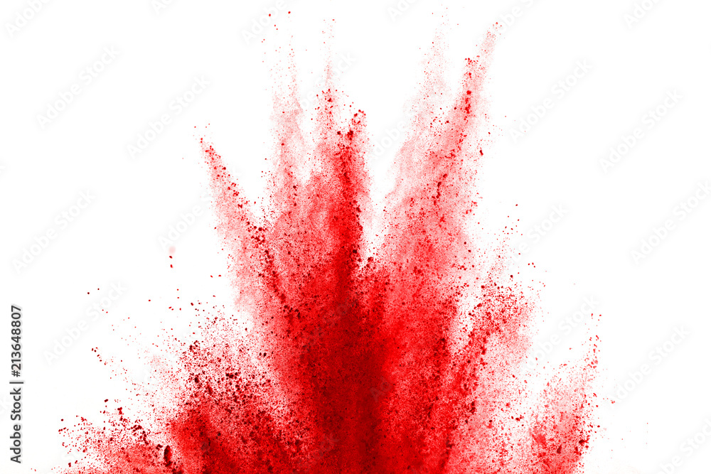 Abstract red powder explosion on white background. abstract red dust splatted on white background, Freeze motion of red powder exploding.