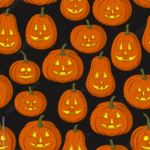 Seamless Pattern, Pumpkins Jack O Lantern, Symbol Halloween Holiday, Isolated on Tile Black Background. Vector