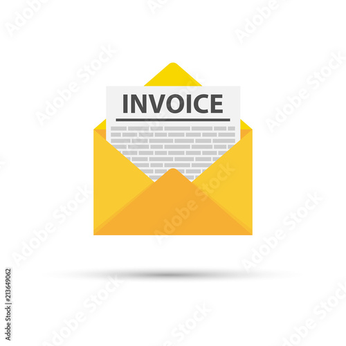 Invoice icon vector, email message received with bill document, flat style open envelope with invoice paper blank