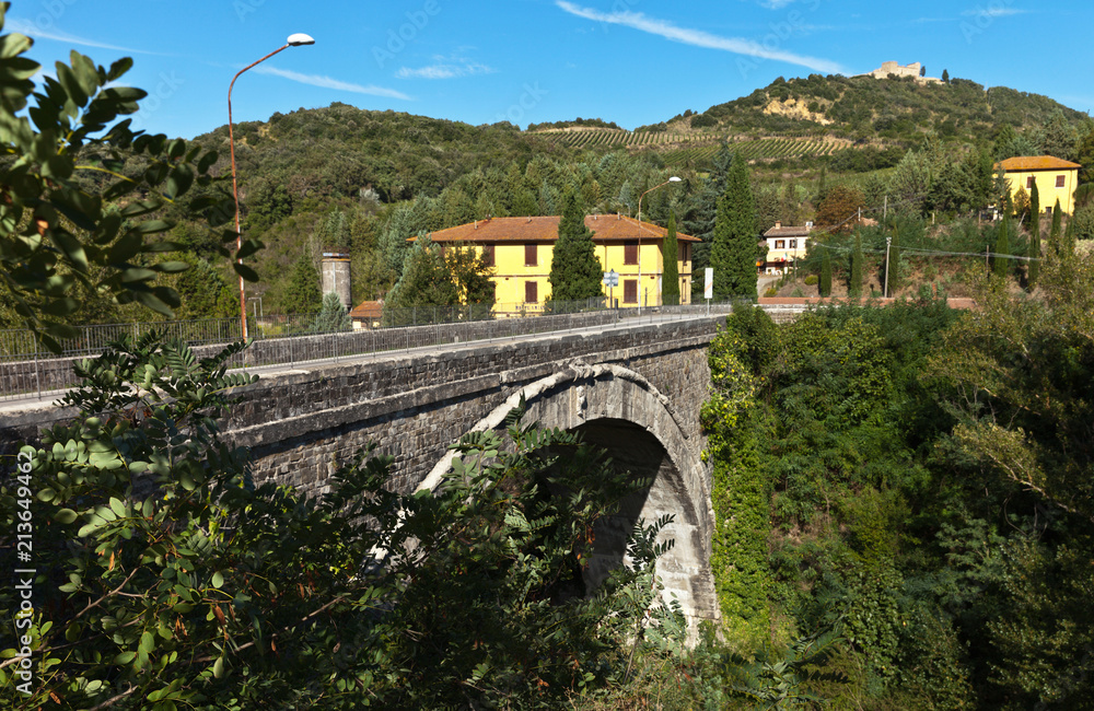 Fototapeta premium Italy. Tuscany. The stone bridge over the Orcia River and the station Monte Amiata on the railway on a sunny September morning