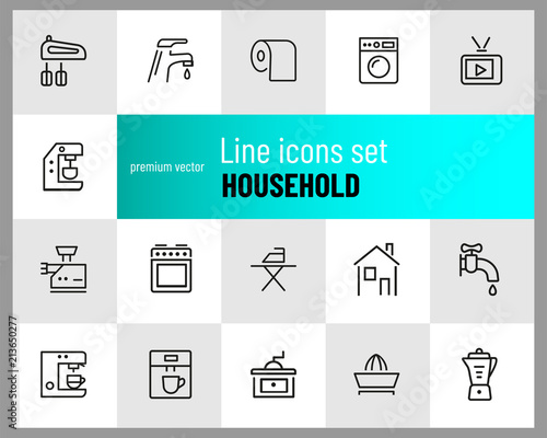 Household icons. Set of  line icons. Washing machine, TV set, sewing machine. Domestic appliances. Vector illustration can be used for topics like housework, housekeeping, technology