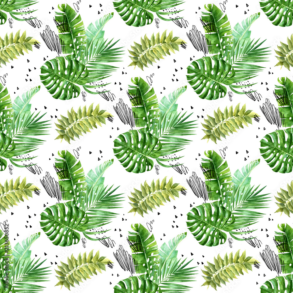 Watercolor jungle bouquettes with grunge scribbles and dots seamless pattern