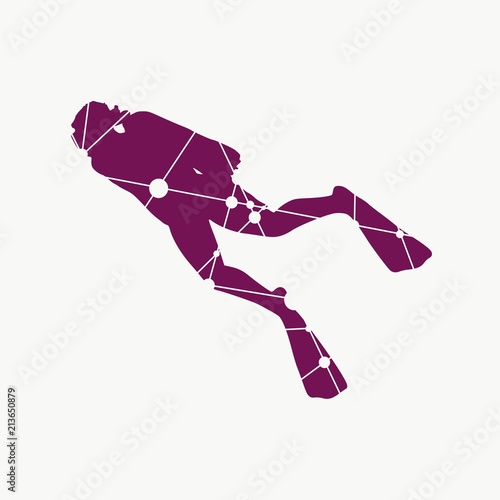 Silhouette of diver. Icon diver. The concept of sport diving. Textured by connected lines with dots.