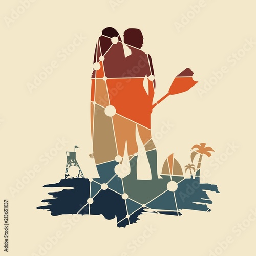 Woman posing with surfboard and paddle on grunge brush stroke. Vintage surfing graphic and emblem for web design or print. Palm and lifeguard tower on backdrop. Stand up paddle boarding