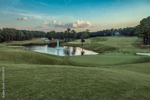 Golf Course with Pond and Water Fountain