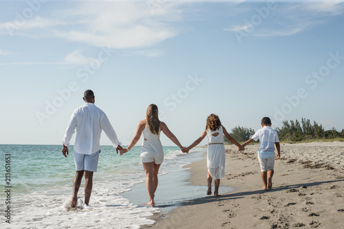 Family of People on Vacation Walking Away Together on a Beach on a Sunny Day in Florida in the Water with Blue Sky