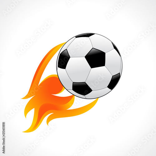 Football emblem in flame isolated on white background. Football club or competition template with soccer ball in fire. Vector illustration