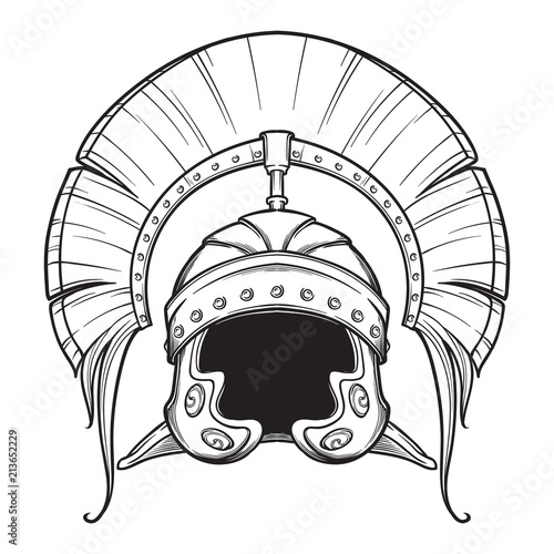 Galea. Roman Imperial helmet with crest tipically worn by centurion. Front view. Heraldry element. Black a nd white drawing isolated on white background. EPS10 vector illustration