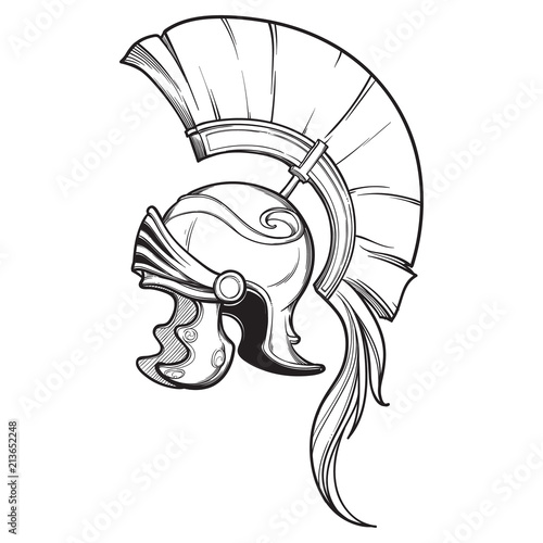 Galea. Roman Imperial helmet with crest tipically worn by centurion. Side view. Heraldry element. Black a nd white drawing isolated on white background. EPS10 vector illustration
