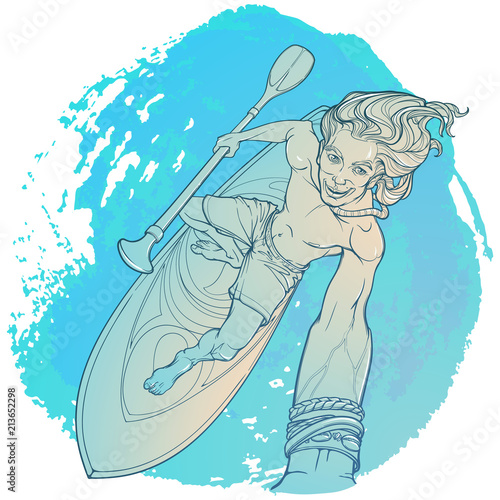 Stand up paddle surfer. Young Man surfing the wave and taking a selfie. EPS10 Vector illustration.