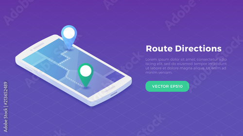 Isometric modern smartphone with location markers showing direction on the map vector illustration