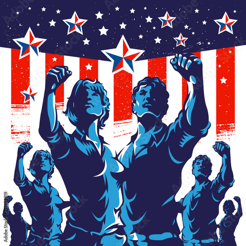Crowd protest fist revolution poster design. Vintage American flag background.