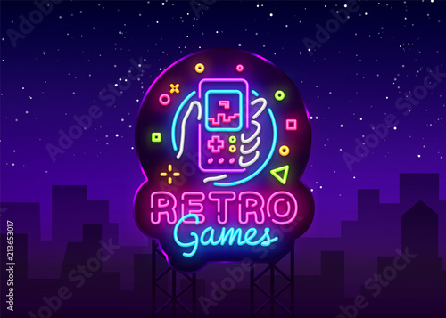 Retro Games Vector Logo. Retro geek gaming gamepad in hand neon sign, modern trend design, vivid vector illustration, promotional character games, Vintage sign. Vector Illustration. Billboard