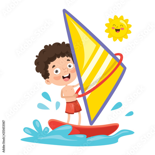 Vector Illustration Of Child Windsurfing