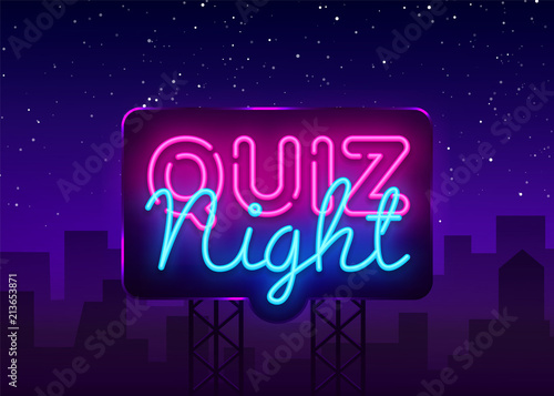 Quiz night announcement poster vector design template. Quiz night neon signboard, light banner. Pub quiz held in pub or bar, night club. Questions game bright retro light sign. Vector Billboard