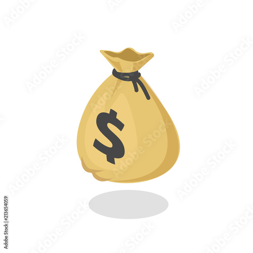 Money bag or moneybag isometric vector icon, 3d isometric moneybag cartoon illustration with black drawstring and dollar sign isolated on white background