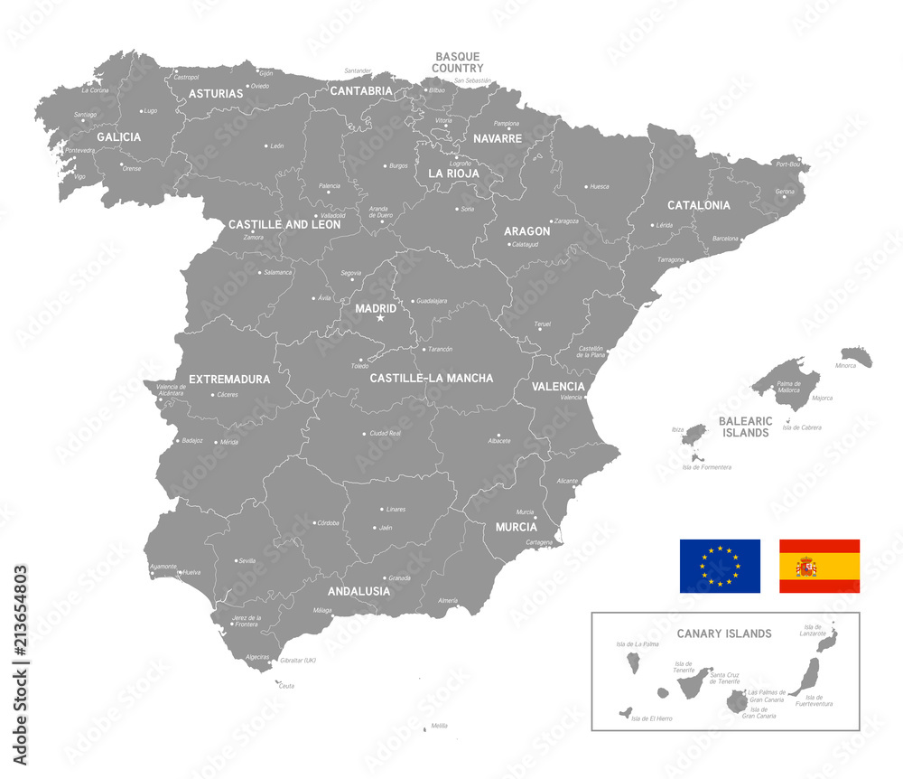 Naklejka premium Map of Spain, grey vector illustration