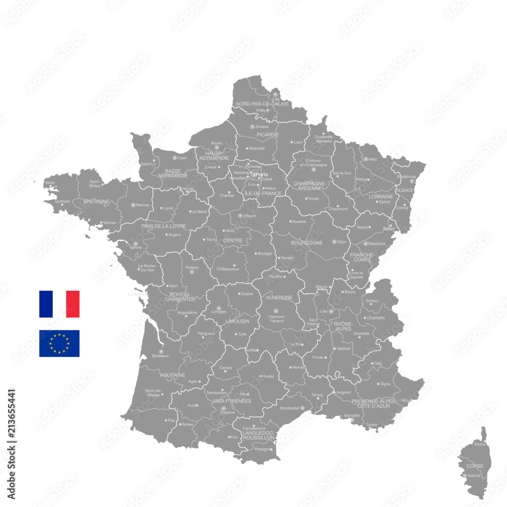 Naklejka premium Grey Vector Political Map of France