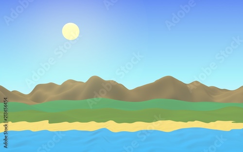 Sun Sea Beach. Noon. Ocean shore line with waves on a beach. Island beach paradise with waves. Vacation  summer  relaxation. Seascape  seashore. Minimalist landscape  primitivism. 3D illustration